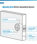 Diagram showing standard door dimensions for Accent Lever With Century Trim Keyed Entry Lock In Satin Nickel, Reversible For Left Or Right Swing Doors, Self Aligning Screw Holes For No Brainer Install With A Phillips Screwdriver, Exterior Key Access.