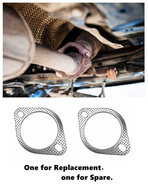 Under-vehicle view of two 3-inch exhaust gaskets for a 2-bolt muffler flange; replacement pair.
