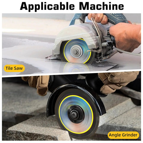 Total Game Changer 4.5 Inch Diamond Saw Blades For Angle Grinders Heavy Duty Cut Off Wheels That Go Through Tile Concrete Metal And Masonry Like Butter 3 Pack 7/8 Inch Arbor in use on tile saw and angle grinder.