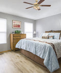 52 Inch Vintage Indoor Ceiling Fan With Dimmable LED Light And Clear Ribbed Glass, Polished Brass Finish in bedroom