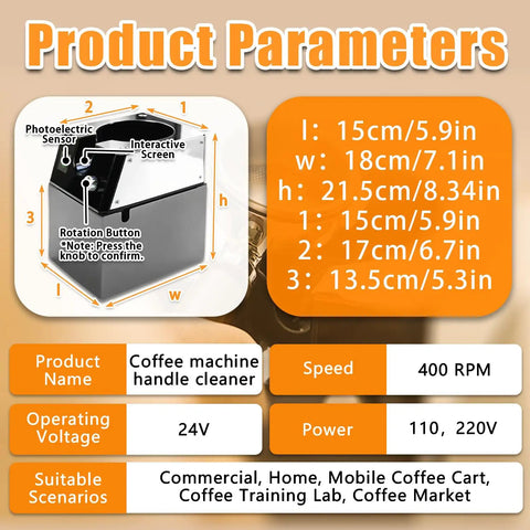 Product parameters for the Game Changer Electric Portafilter Cleaner And Espresso Puck Vacuum including size and features.