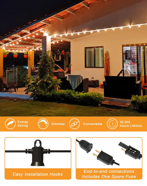 Outdoor string lights illuminating patio, showing 150 ft with 75 shatterproof G40 bulbs, energy efficient, dimmable.