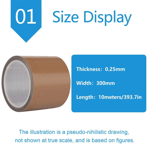 Super Tough High Temp PTFE Heat Sealing Tape 30cm X 10m size display showing dimensions and texture details.