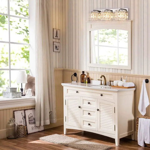 Bathroom with 3 Light Vanity Light With Crystal Drops In Polished Chrome Finish Modern Silver Bathroom Wall Sconce Over Mirror