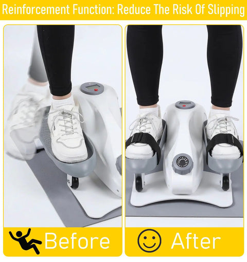2 Pack Bike Pedal Straps for Under Desk Workouts, Adjustable Leg Exerciser Traction Straps for Elliptical Machines shown before and after usage