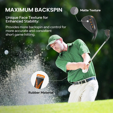 Golfer using 52 Degree 56 Degree 60 Degree Wedge Set For Men And Women Right Hand CNC Milled Face For More Spin And Control Three Piece Golf Wedges For The Short Game Spin Masters In Your Bag Bunker Play Chips Pitches And High Soft Landings