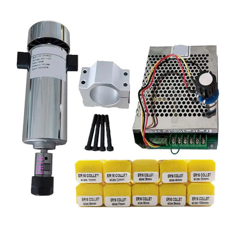 800W 110V DC CNC Spindle Motor Kit with ER16 Chuck, power supply, speed governor, and 6 ER16 collets visible