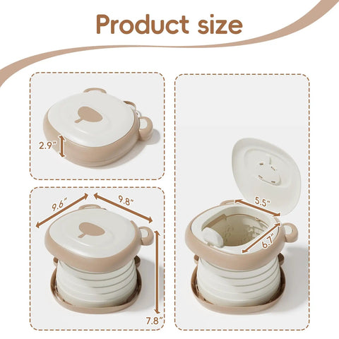Road Trip Ready Foldable Toddler Potty Seat Portable Kids Travel Toilet dimensions showing 9.8 x 9.6 x 2.9 inches, khaki color.