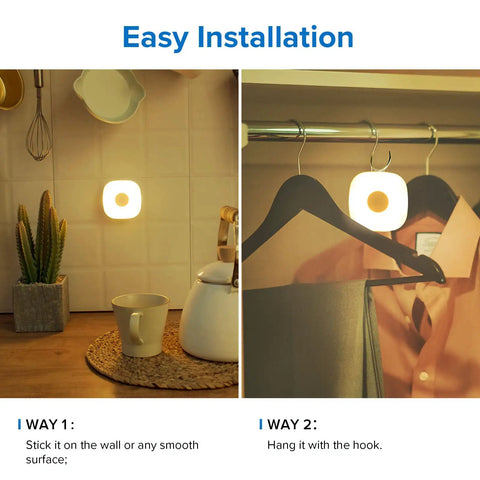 Stick Anywhere Warm Nightlight With Motion Sensor, Ultra Bright LED Night Light For Hallways, Bedrooms And Kitchens, Battery Powered Cabinet Light, Tap Closet Wall Light, 1 Pack No Battery Included, Auto On At 13 Ft, 100 Degrees, Auto Off 15 Seconds shown on wall and in closet