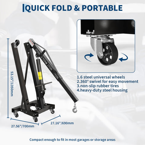 Top Shelf 2 Ton Folding Engine Hoist Paired With Three Quarter Underhoist Support Stand Kit featuring adjustable boom and durable steel wheels.