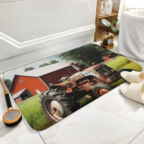 Thick Soft Absorbent Farm Tractor Bath Rug Mat With Non Slip Backing Ultra Absorbent Coral Fleece Bathroom Rug on tile floor