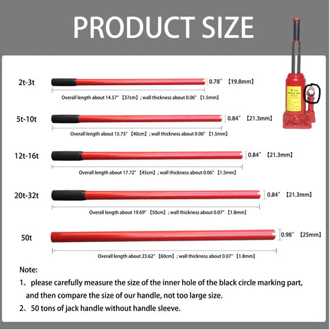 Heavy Duty Floor Jack Handle Replacement With Textured Grip Sleeve For 50 Ton Hydraulic Bottle Lifts size chart and dimensions