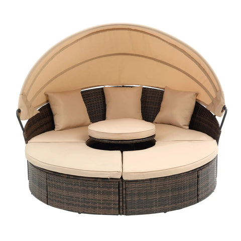 Retractable Outdoor Patio Round Wicker Rattan Daybed With Lift Table And Washable Cushions For Sun Drenched Lounge Sofa That Hits Different On Your Backyard Oasis, featuring beige cushions and retractable canopy.