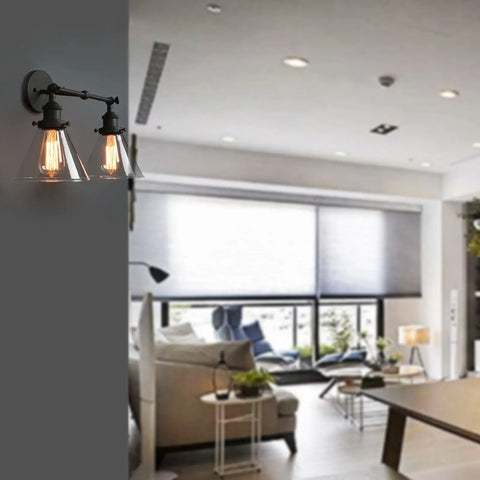 Two Light Industrial Wall Sconce In Antique Black With 7.3 Inch Cone Clear Glass Shade in modern living room