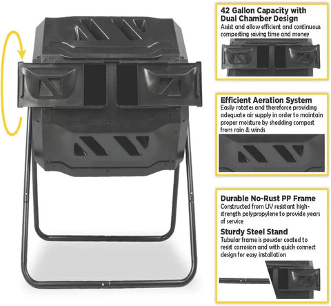 Front view of Dual Chamber Compost Tumbler With 42 Gallon Capacity And No-Fuss Aerated Rotating Drum On A Sturdy Steel Frame