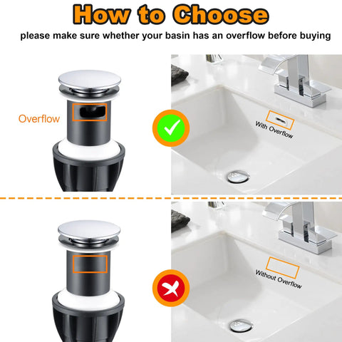 Heavy Duty Chrome Pop Up Bathroom Sink Drain With Overflow Stopper displayed with overflow options for basin selection.