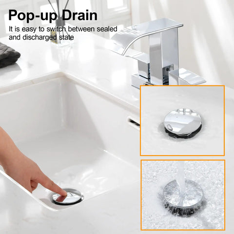 Heavy Duty Chrome Pop Up Bathroom Sink Drain With Overflow Stopper activated in sink, showing push glide action for easy use.
