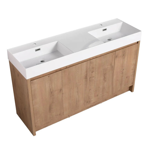 Top Shelf Heavy Duty Sixty Inch Bathroom Resin Sink With Slick Modern Countertop Basin waterproof finish, double sink with wood cabinetry.