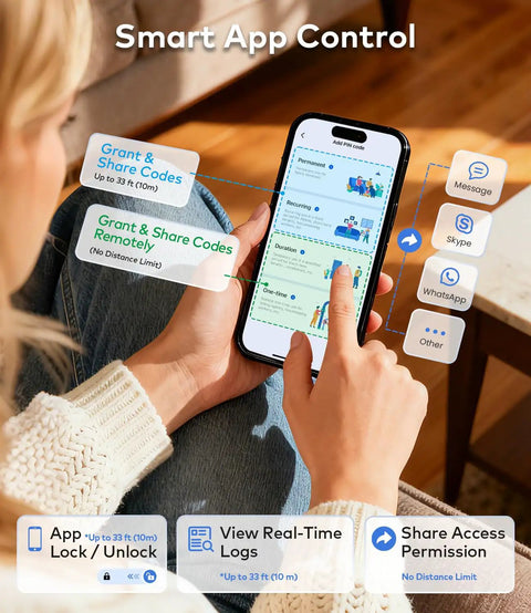 Woman using Smart App Control for Knockout Smart Keypad Door Lock With Handle, showing PIN code management on mobile.