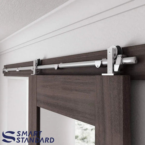 Top Mount Sliding Barn Door Hardware Kit In Stainless Steel, 6 Feet Track installed on wooden door frame, T Shape Hanger System.