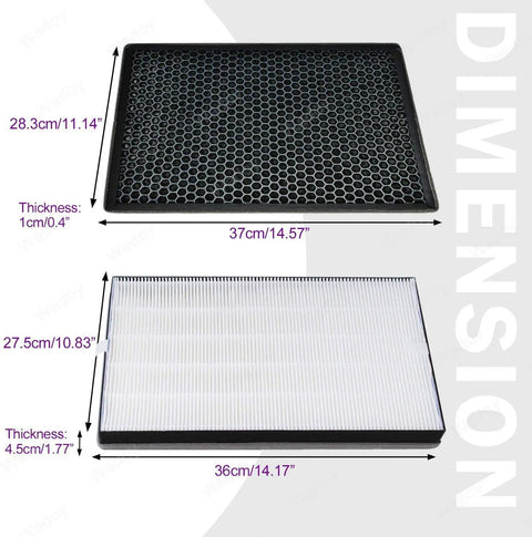 Nano Protect HEPA And Activated Carbon Filter Replacement Kit For 2000 Series Air Purifiers dimensions showing HEPA and carbon filters