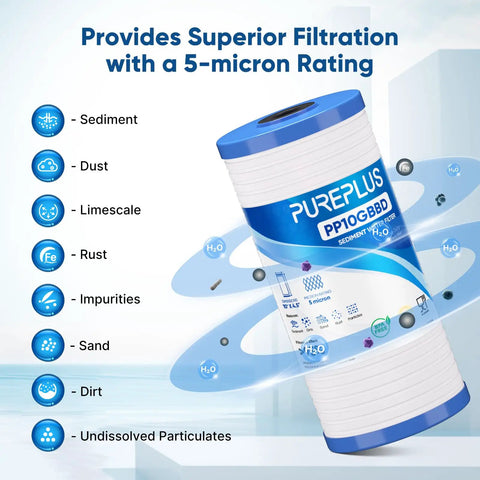 Grooved Sediment Filter For Whole House Water System Replacement Cartridge 5 Micron 10x4.5 Inch Easy Install, filter icons