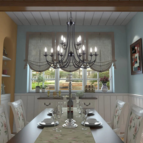 Farmhouse Twelve Light Candle Chandelier Black Wrought Iron Pendant Light 2 Tier Rustic Industrial Ceiling Fixture in dining room