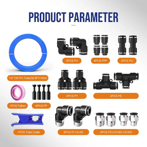 Components of One Half Inch OD Air Hose Kit with Push To Connect Fittings Blue Thirty Two Point Eight Feet Long Air Line Tubing Repair Kit