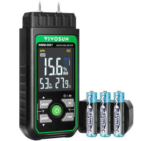 Wood Moisture Meter 3 In 1 Pin Type Digital Tester with batteries, showing color backlit screen, ambient temperature, and humidity readout