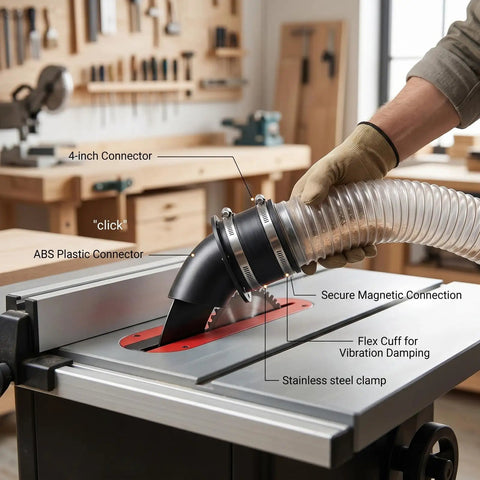 Xiuganpo 4 Inch Magnetic Dust Connector With Cuff For Shop Vac System Quick Connect Hose Fitting, ABS plastic shown on table saw.