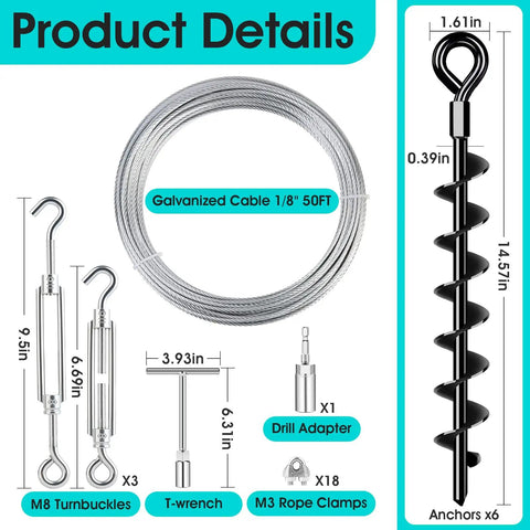 Bulletproof Spiral Ground Anchors For Shed And Mobile Home Kit Rust Proof Steel Wind Resistant Foundation Stabilizer with cable and accessories.