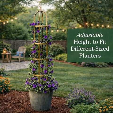Metal Garden Obelisk Trellis for Climbing Plants Indoor Outdoor Use Powder Coated Steel Built to Last in All Weather Weatherproof and Rust Resistant Floral Pattern Antique Copper Finish Eleven Inch Diameter Seven Foot Tall Stainless Hardware