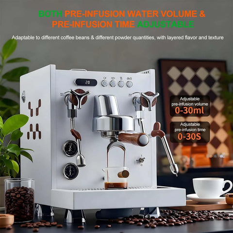 Top Shelf Espresso Machine With Built In Milk Frother Steam Wand 2850W Compact Brewer 1.6L Removable Tank 58mm Portafilter showing adjustable pre-infusion settings.