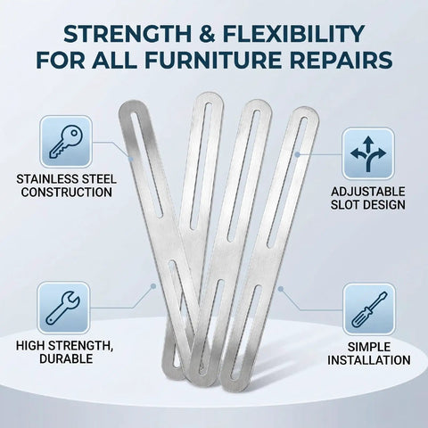4 Pack Adjustable Flat Mending Plates With Single Slot Stainless Steel Repair Brackets for wood furniture, four plates displayed