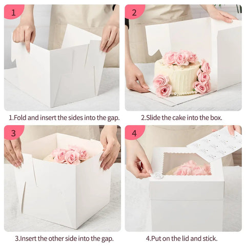 Instructions for assembling Top Tier 8 X 8 X 8 Inch Cake Boxes 4 Pack Featuring Clear Window with cake and flowers inside.
