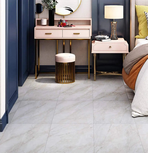 Bedroom with 32 Pack Peel And Stick Floor Tiles 12x12 Light Grey Marble Vinyl Flooring Self Adhesive