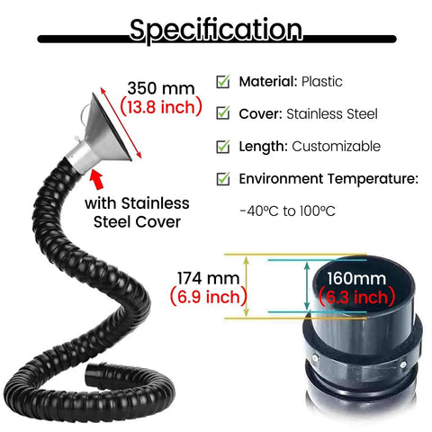 Flexible Fume Extraction Arm For Welding And HVAC 3 Point 3 Ft Duct Hose 160mm Exhaust showing dimensions and features