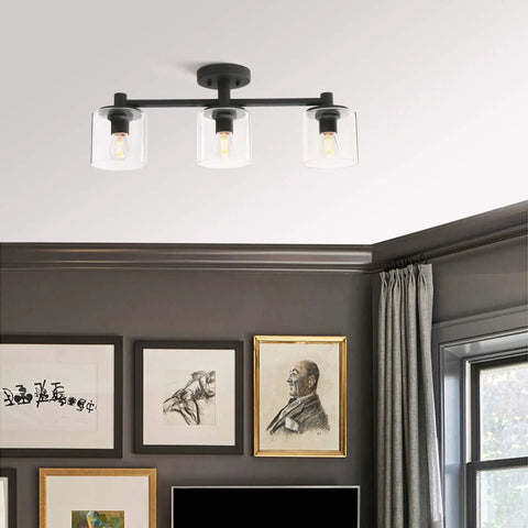 3 Light Semi Flush Mount Ceiling Light With Glass Shade For Hallway Loft Kitchen And Bar, Industrial Pendant Fixture installed
