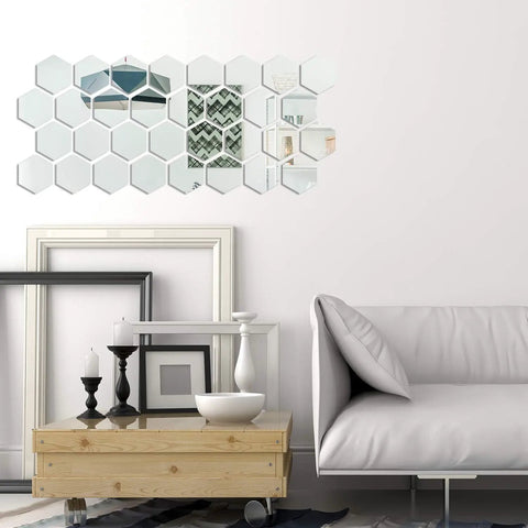 32 Pcs Hexagon Mirror Wall Decals Removable Silver Acrylic Honeycomb Design For DIY Home Art in modern living room