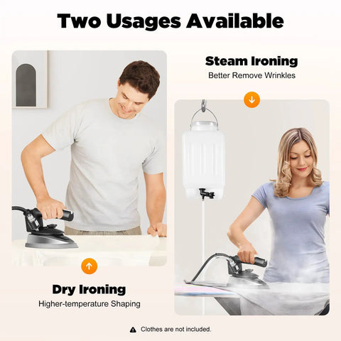 Badass Heavy Duty Industrial Gravity Feed Steam Iron Featuring 1200W Motor And Titanium Soleplate, shown in steam and dry ironing modes.