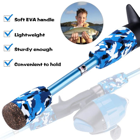 Close-up of Best Value All In One Kids Fishing Pole Starter Kit rod with blue camo handle and features list, child holding fish