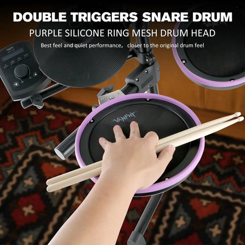 Electronic Drum Set For Beginners With Quiet Mesh Pads And Bluetooth, hand playing snare with purple silicone ring and sticks