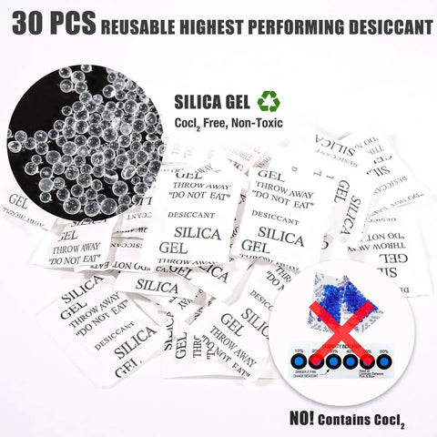 30 silica gel desiccants labeled non-toxic next to CoCl2 warning, part of Premium 30 Pack Large 32x34cm Vacuum Sealed Filament Storage Bags Kit