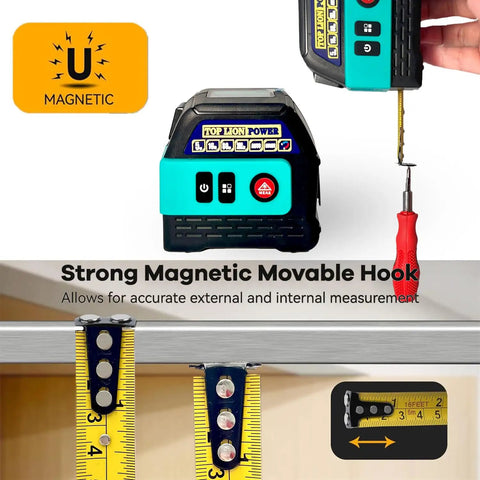 Tough 2IN1 Green Laser Tape Measure 262FT Digital Distance Meter showing strong magnetic hook for accurate measurements.