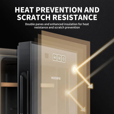 16 Liter Cigar Humidor With Heating And Cooling Control showing double-pane insulation for heat prevention and scratch resistance.