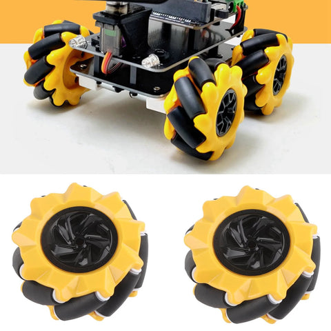 Mecanum Wheel Set for DIY Robot Cars, 80mm yellow and black wheels for omni-directional movement and precise drifting.