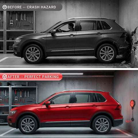 Before and after parking comparison using Adjustable Garage Parking Sensor With No Fuss Stop Indicator And Red Yellow Green LED Display