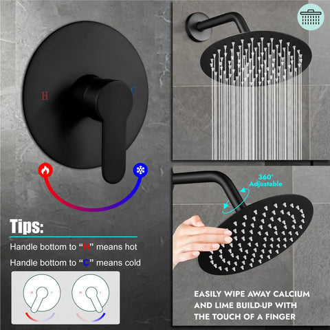 Heavy Duty 8 Inch Round Rain Shower Head With Smooth Flow Valve Slick Matte Black Bath Fixture Set showing adjustable handle and clean spray pattern.