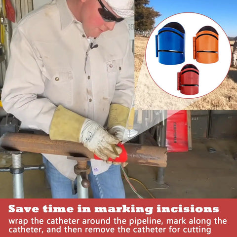 Worker using Magnetic Metal Pipe Cutting Guide Kit For Precision Cuts And Pipe Marking Tool, three size options visible