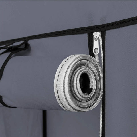 Heavy Hitter Portable Closet Wardrobe Organizer With Slick Nonwoven Fabric Cover And Beefy Steel Frame Built Solid For No Sweat Roomy Storage Shelves And Long Hanging Rod In Soft Gray zipper and rolled gray fabric close-up
